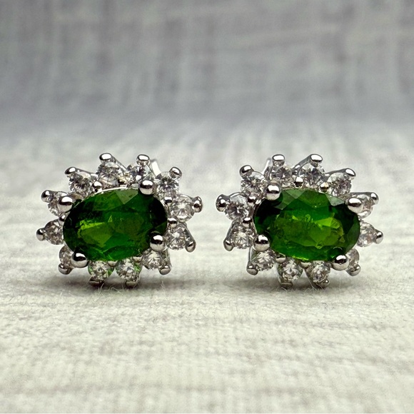 New Sterling Silver, Natural Diopside & White Topaz Halo Stud Earrings - Picture 2 of 5